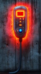Glowing red futuristic power adapter on wood.