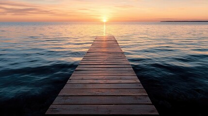 Obraz premium Sunrise over calm sea, wooden pier extending, peaceful morning scene, ideal for travel brochures