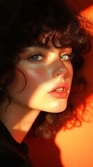 Close-up portrait of a young woman with curly hair and freckles, illuminated by sunlight against an orange background.