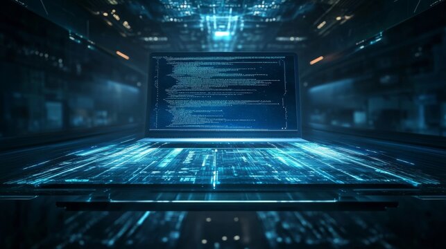 Software development. Programming, coding and software testing on laptop. Laptop hanging over table with program code on the screen. Digital Computer technology isometric background concept.