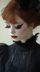 Redhead woman in black lace dress with dark makeup.