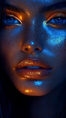 Close-up portrait of a woman with gold and blue makeup.