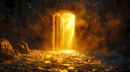 Ancient doorway illuminated by golden light. generative ai. Golden Cavern. Illustration