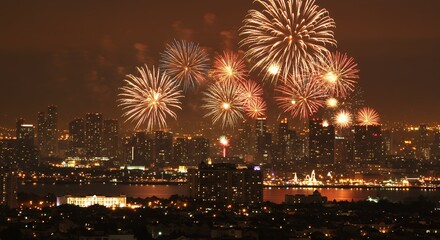 Spectacular City Fireworks Display at Night