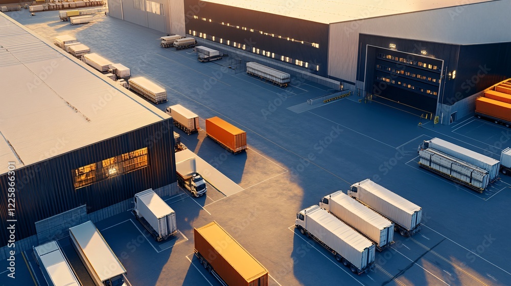 Aufkleber logistics center with trucks loading and unloading at sunset