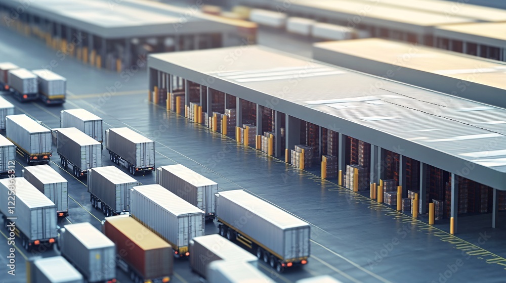 Aufkleber logistics center with many trucks waiting for loading unloading at ramp