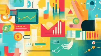 Obraz premium Contemporary banner with wallet, halftone hand, graph, coins, and credit card. Art Collage of business and Finance growth, teamwork, and online banking. Vector elements arrows and apps for bright back