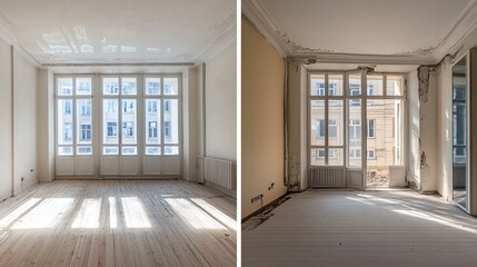 Obraz premium Empty room before and after renovation with big windows showing cityscape