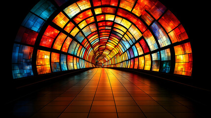 Colorful glass tunnel, perspective, architecture, vibrant, light, interior, design, background, website banner