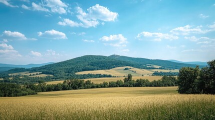 Obraz premium Serene Country Landscape with Rolling Hills and Mountainous Backdrop