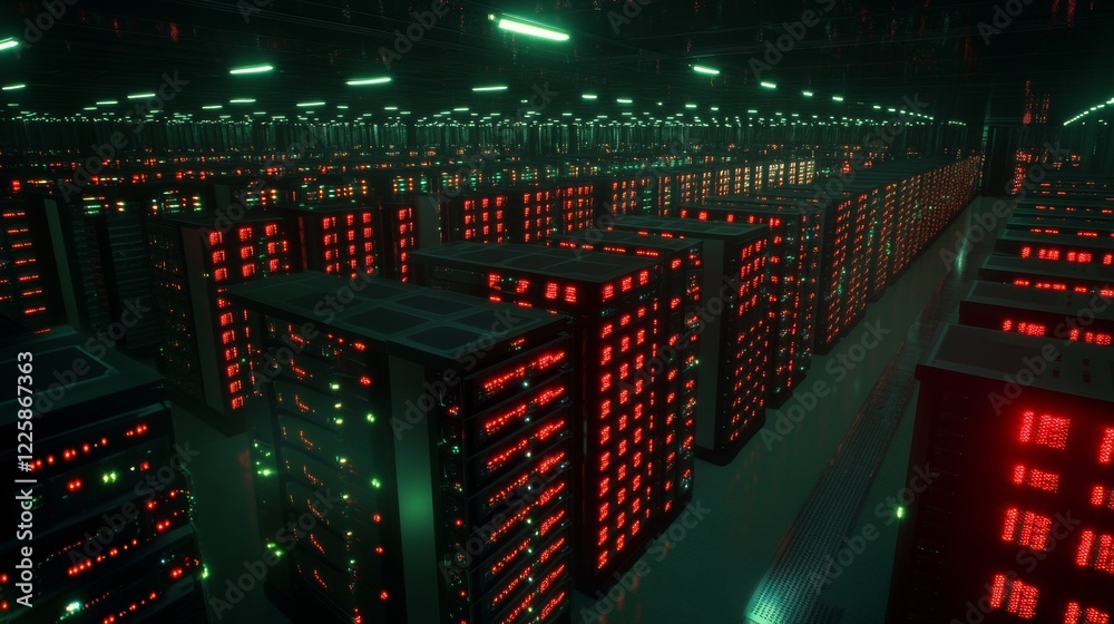 Poster data center. abstract digital warehouse. server room of clouds computing technology. server farm com