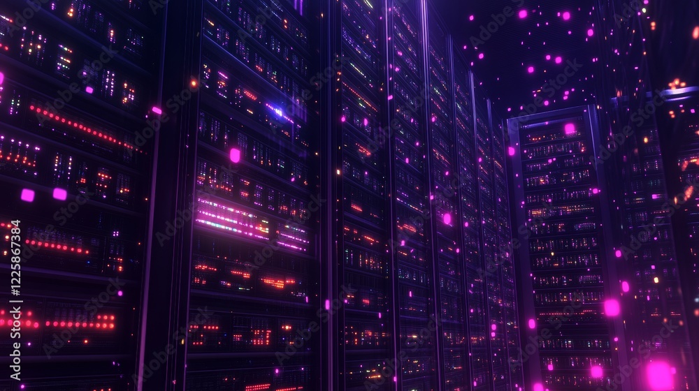 Poster data center. abstract digital warehouse. server room of clouds computing technology. server farm com