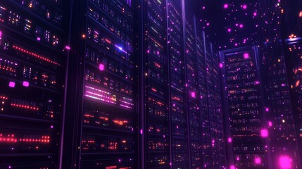 Obraz premium Data center. abstract digital warehouse. Server room of clouds computing technology. Server farm communication with internet. Network connection and information exchange lights glow in the dark.