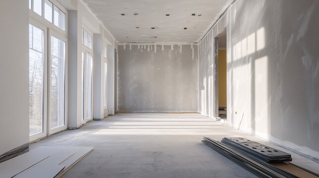 Empty room with large windows undergoing renovation works