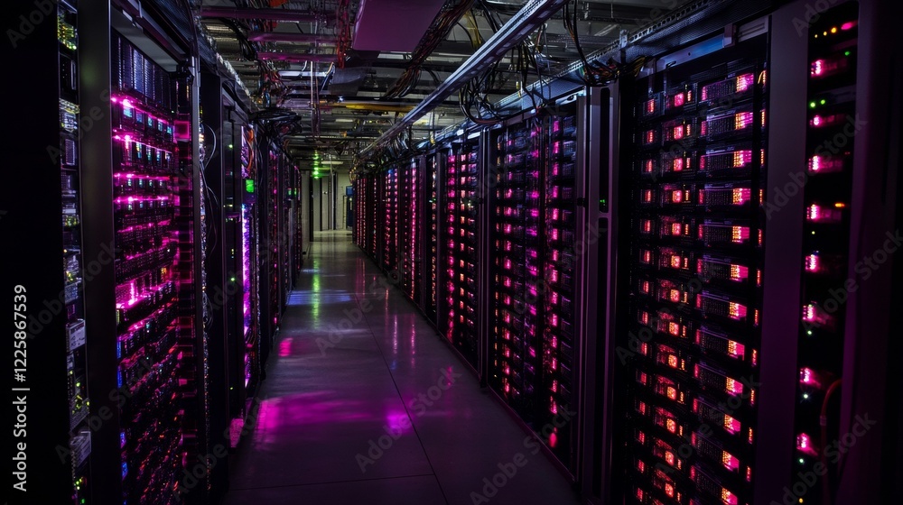 Poster data center. abstract digital warehouse. server room of clouds computing technology. server farm com