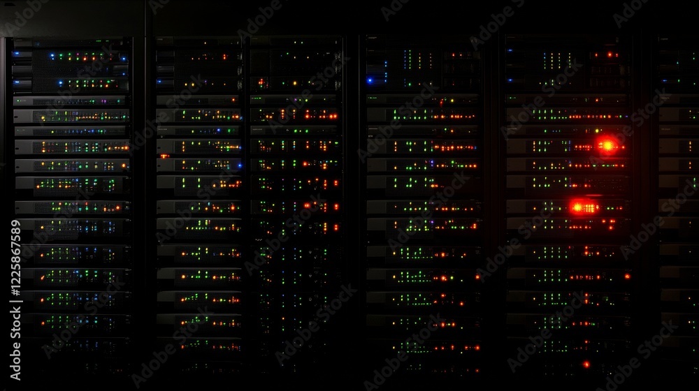 Poster data center. abstract digital warehouse. server room of clouds computing technology. server farm com