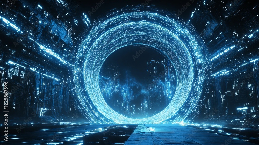 Wall mural Blue luminous portal surrounded by tech structures.