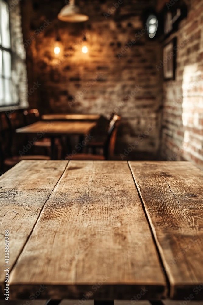 Poster empty wooden table taking center stage in rustic restaurant setting