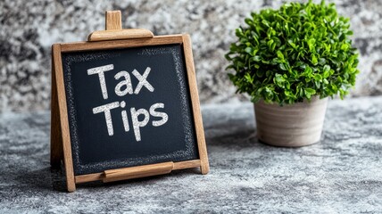Chalkboard with "Tax Tips" beside potted plant