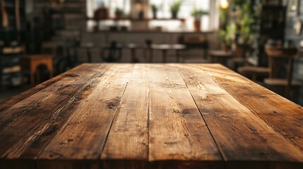 Empty wooden tabletop with blurred restaurant background