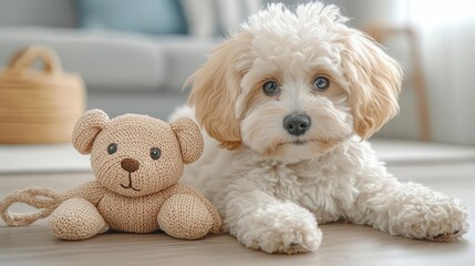 Adorable Cavapoo puppy with toy