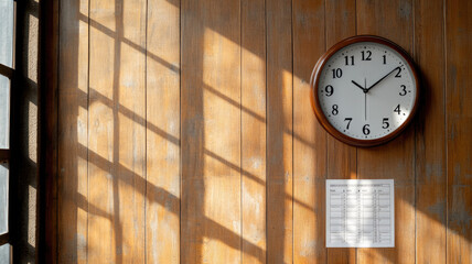 Wall clock and calendar on wooden wall with sunlit shadows