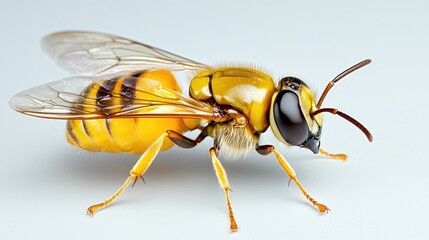 Yellow bee close-up, studio shot, insect detail, pollination