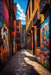 Fototapeta premium exploring colorful urban landscape bright graffiti art set deep city shadows intricate wall textures, mural, spray, vibrant, design, contemporary, pattern