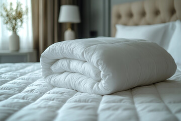 a folded crisp white duvet neatly placed on a bed in a cozy bedroom.  