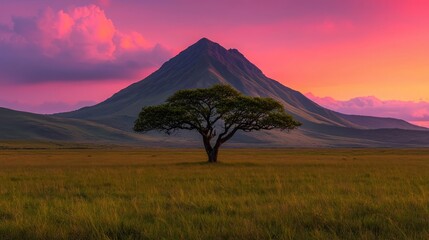 Lone tree in field at sunset, majestic mountain backdrop, peaceful landscape, nature photography