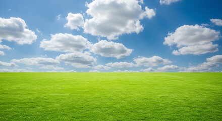Fototapeta premium Vibrant Green Field Under a Sunny Blue Sky with Fluffy Clouds