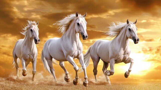 Majestic White Horses Running at Sunset