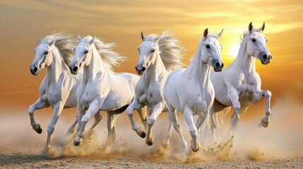 Obraz premium Majestic White Horses Running at Sunset
