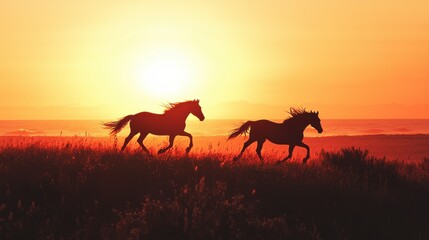 Obraz premium Majestic White Horses Running at Sunset