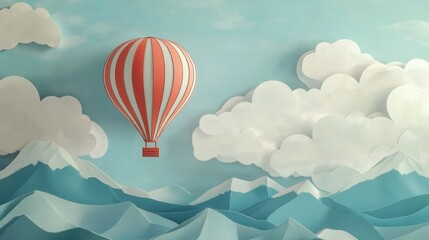 Obraz premium Dreamy Paper Art Scene with Hot Air Balloon and Mountains