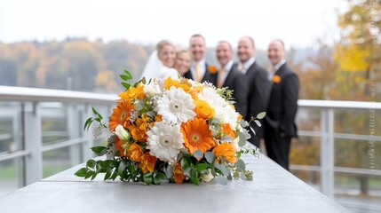 Wedding bouquet, autumn backdrop, bridal party, outdoor ceremony