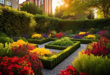 Obraz premium vibrant urban garden featuring geometric shapes plants pathways lively colors modern design elements, flowers, greenery, landscape, architecture, outdoor