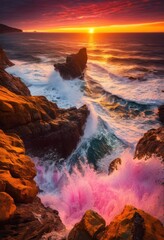 beautiful waves crashing rugged cliffside formations dynamic ocean scenery vibrant sky, rock, coast, sea, shore, landscape, nature, spray, foam, horizon