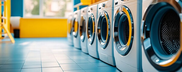 Row of new washing machines standing in a household appliances store