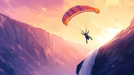 Parachutist with parachute makes heavenly adventure against backdrop of landscape. Heavenly Falls. Illustration