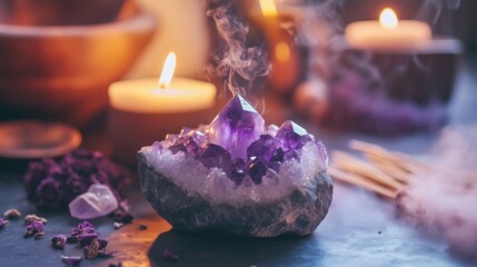 Amethyst crystal in meditation space with candlelight