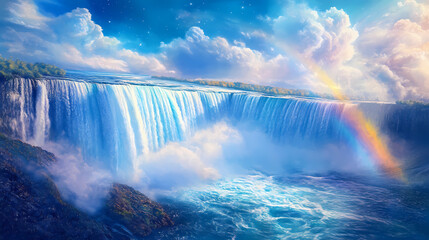 Fototapeta premium Surreal niagara falls: dreamlike water cascade & celestial rainbow. Heavenly Falls. Illustration