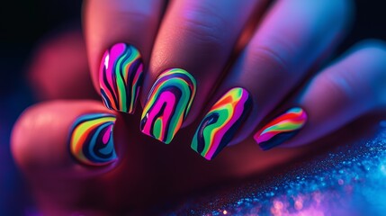 Neon lights nail design, vibrant colors, electric patterns