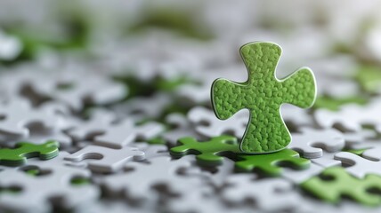 Single green puzzle piece stands out among white pieces, symbolizing individuality and uniqueness