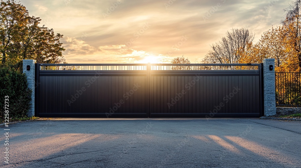 Poster Modern automatic gate and intercom device closing for security at sunset
