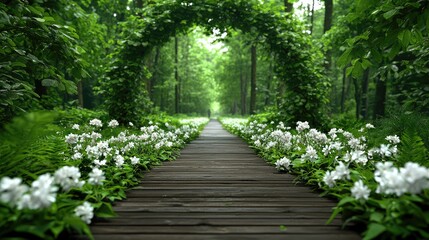 Obraz premium Wooden path, white flowers, archway, green forest, peaceful nature scene; ideal for travel, relaxation
