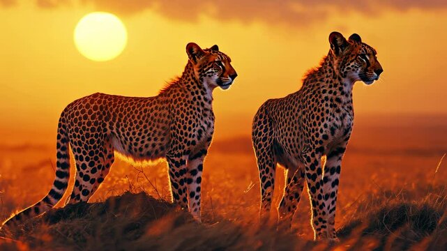 A pair of cheetahs stand in the savannah against the backdrop of sunset.