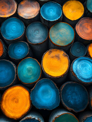 Colorful painted wood logs, stacked, close-up, artistic texture, design element