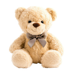 Obraz premium Soft beige teddy bear with a bow sitting upright