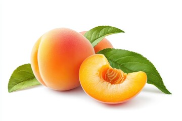Separated cluster of apricots Two intact apricots and a half with leaves against a white backdrop with clipping path